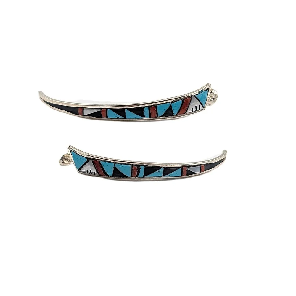 Zuni Turquoise coral Inlay Earrings 925 Sterling Silver Curved Signed P. Lucio *